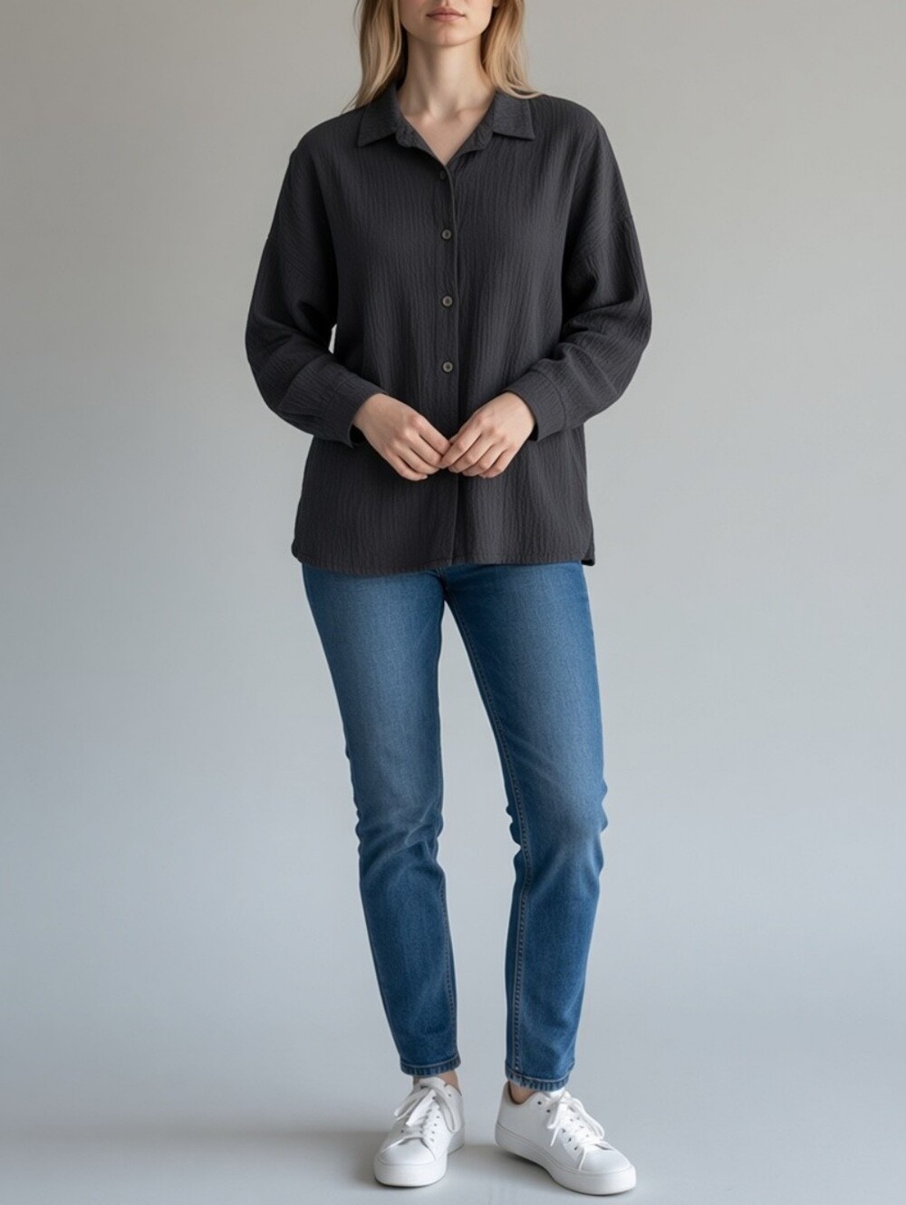 Grade & Gather Button-Up Gauzy Relaxed Shirt Womens S Black Minimalist Bobo